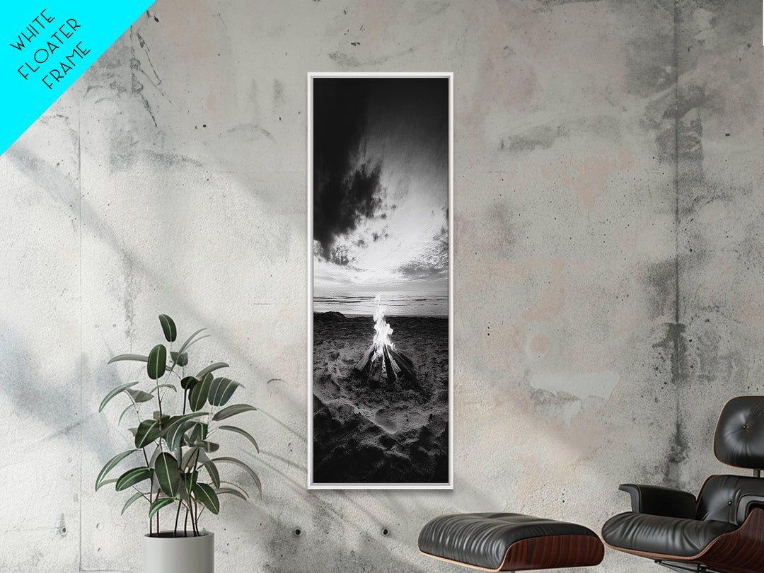 Peaceful Beach Fire, Twilight Shore, Ocean Ember, Tranquil Seascape, Framed Canvas Print, Autumn Wall Art, Rustic Nature Room Decor