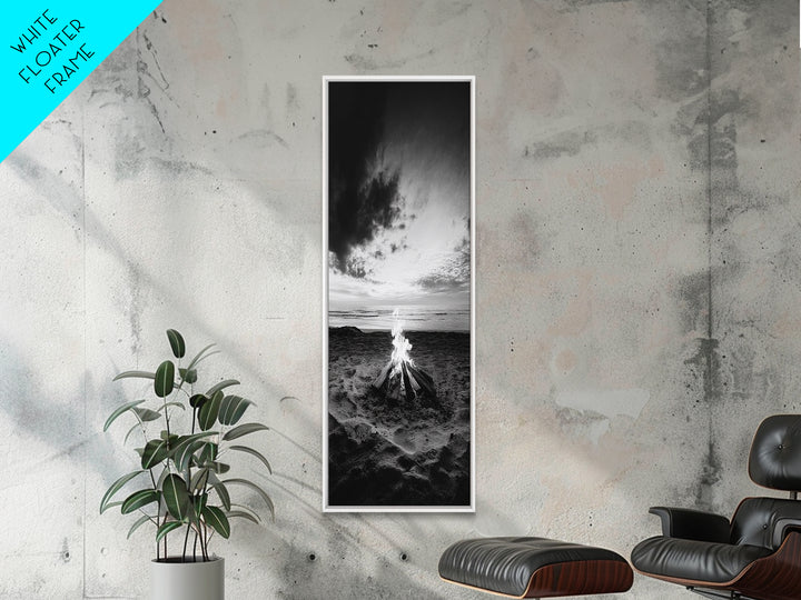 Peaceful Beach Fire, Twilight Shore, Ocean Ember, Tranquil Seascape, Framed Canvas Print, Autumn Wall Art, Rustic Nature Room Decor