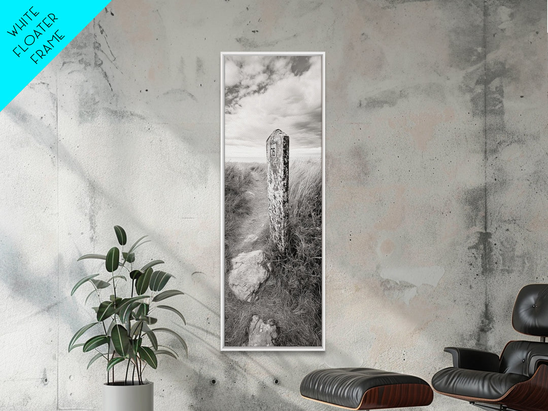 Rural Path, Weathered Stone, Grassy Trail, Framed Canvas Print, Rustic Nature Wall Art, Minimalist Entryway Decor, Autumn Landscape Art