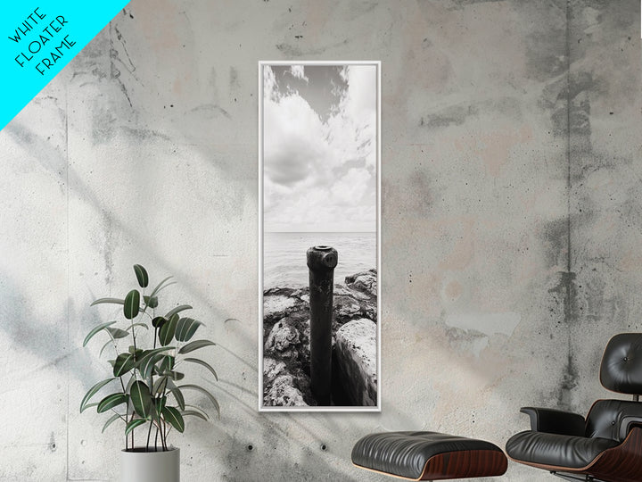 Coastal Pipe, Ocean View, Rusted Metal, Framed Canvas Print, Industrial Nautical Art, Bathroom Wall Decor, Minimal Seaside Landscape