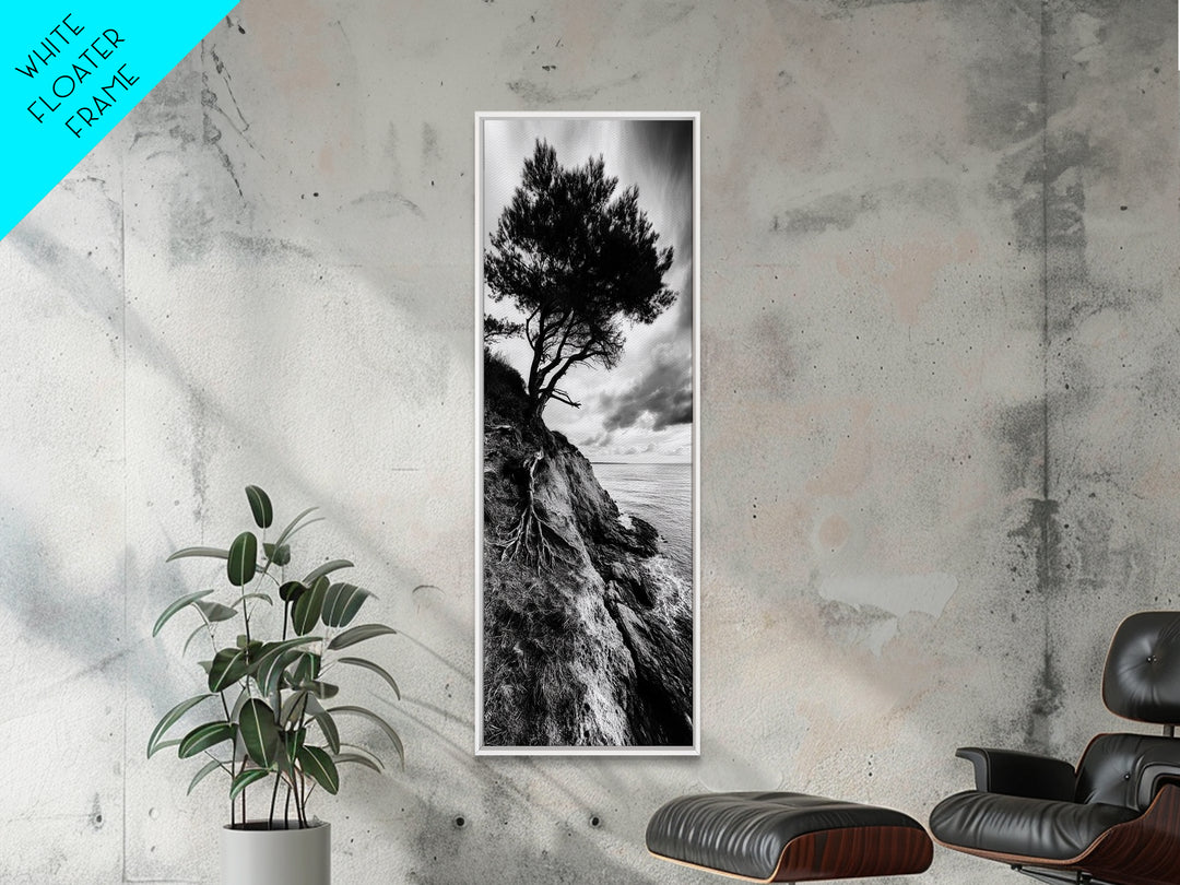 Cliff Tree, Coastal Roots, Dramatic Landscape, Framed Canvas Print, Bold Nature Wall Art, Modern Black And White Decor, Fall Office Accent