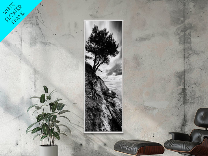 Cliff Tree, Coastal Roots, Dramatic Landscape, Framed Canvas Print, Bold Nature Wall Art, Modern Black And White Decor, Fall Office Accent