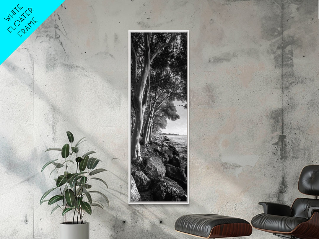 Riverside Trees, Rocky Shore, Natural Light, Canvas Print, Tranquil Forest Photography, Boho Nature Decor, Living Room Wall Art