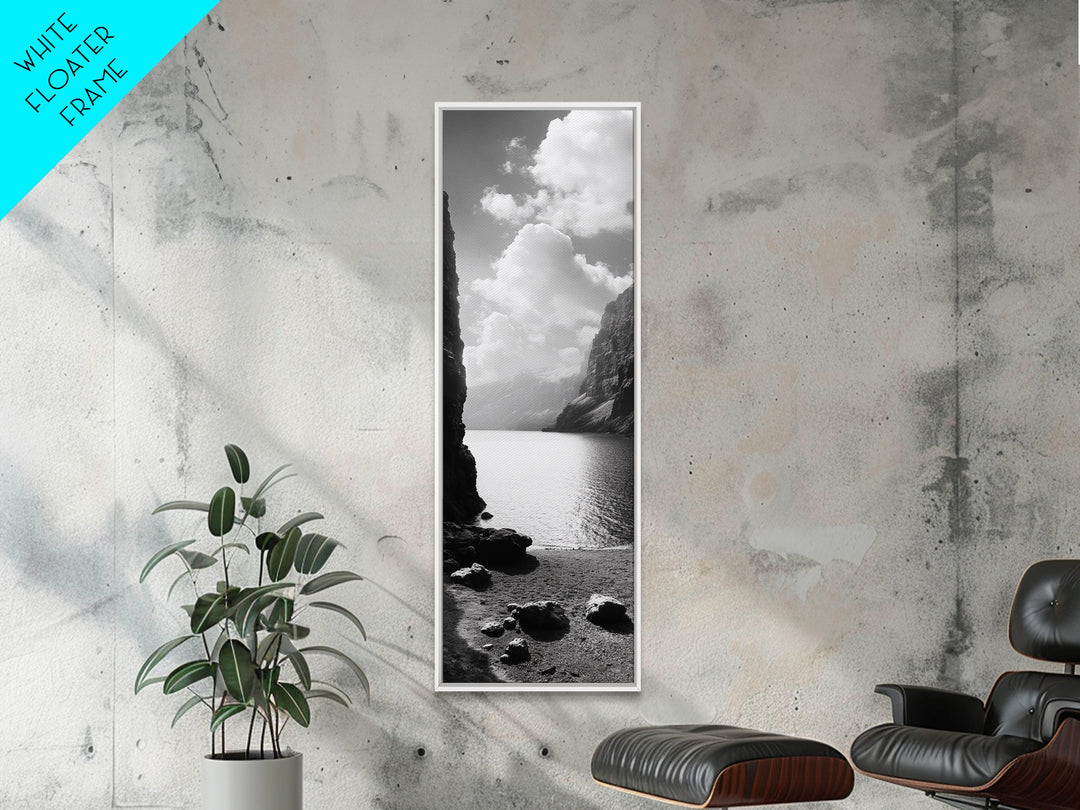 Fjord Mountain Lake, Scenic Nordic Landscape, Tranquil Nature Print, Minimalist Wall Art, Bedroom Decor, Framed Canvas Print