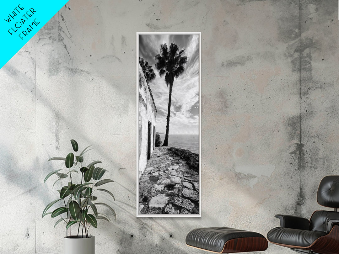 Coastal Palm Tree, Rustic Seaside Wall Art, Mediterranean Courtyard Print, Tropical Summer Decor, Framed Canvas Print, Kitchen Art