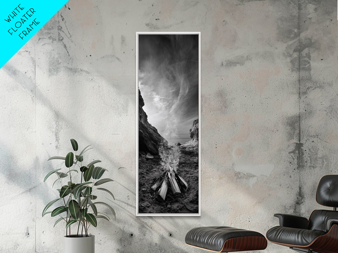 Campfire Smoke, Rocky Coastline, Moody Skies, Autumn Nature, Framed Canvas Print, Rustic Wall Decor, Cabin Aesthetic, Living Room Art