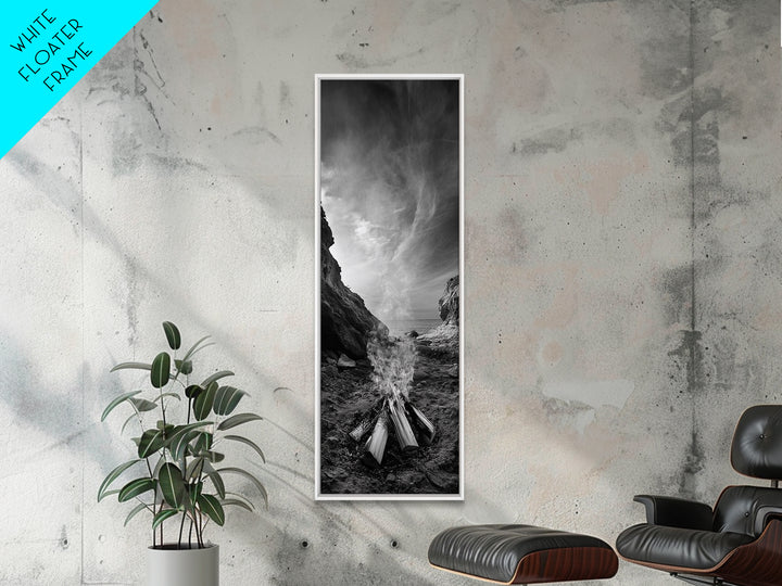 Campfire Smoke, Rocky Coastline, Moody Skies, Autumn Nature, Framed Canvas Print, Rustic Wall Decor, Cabin Aesthetic, Living Room Art