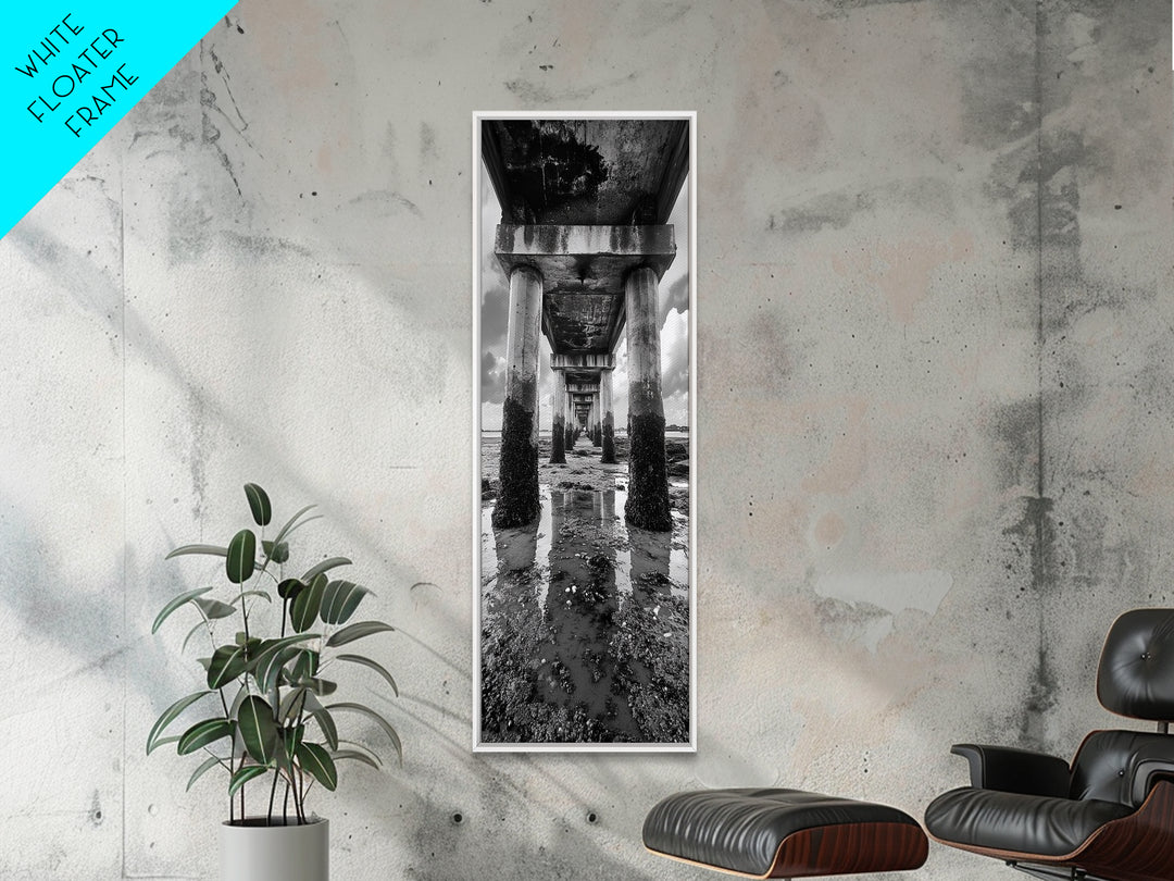 Pier Perspective, Symmetrical Architecture Art, Coastal Concrete Structure, Industrial Minimalist Decor, Framed Canvas Print