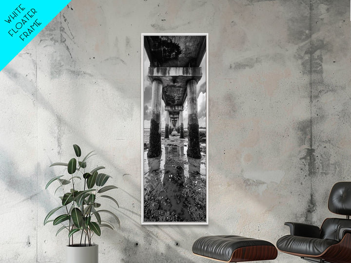Pier Perspective, Symmetrical Architecture Art, Coastal Concrete Structure, Industrial Minimalist Decor, Framed Canvas Print