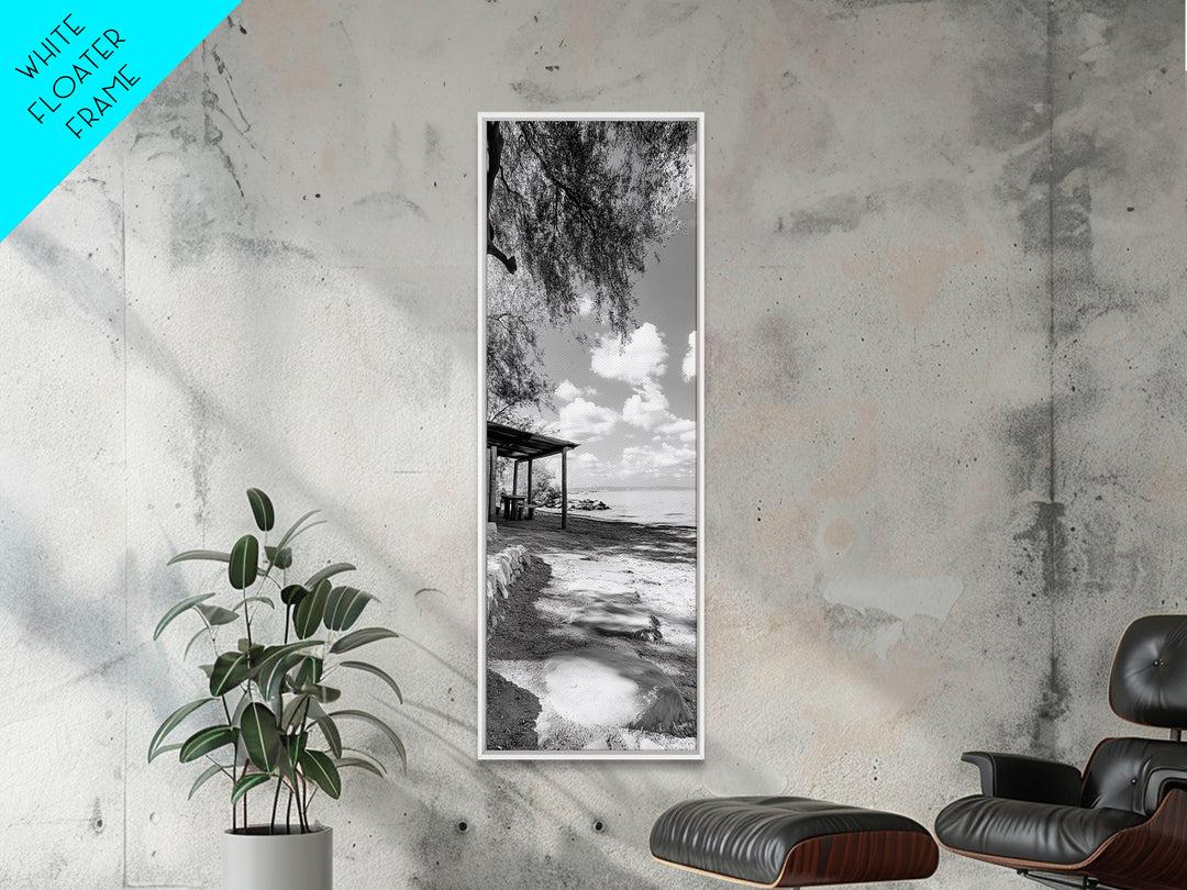 Coastal Bench, Ocean Peace, Nature Retreat, Minimal Landscape, Canvas Print, Zen Wall Art, Bedroom or Entryway Decor, Calm Beach Scene