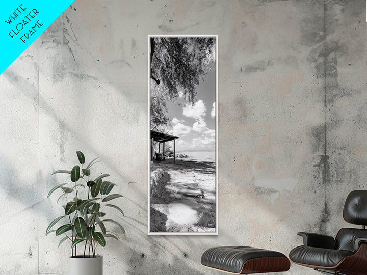 Coastal Bench, Ocean Peace, Nature Retreat, Minimal Landscape, Canvas Print, Zen Wall Art, Bedroom or Entryway Decor, Calm Beach Scene