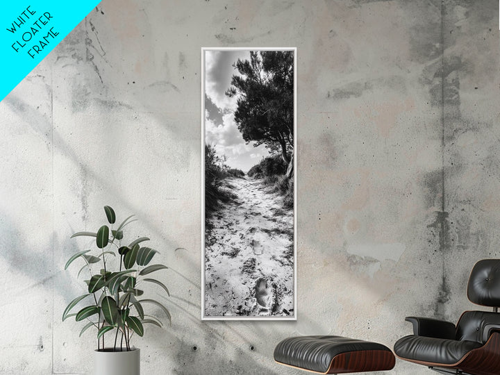 Sandy Trail Path, Coastal Forest Walk, Nature Photography, Framed Canvas Print, Boho Bedroom Wall Art, Minimalist Seaside Home Decor