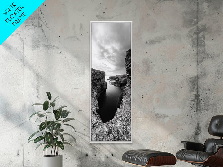 Seaside Cliffscape, Ocean Horizon, Monochrome Nature Scene, Framed Canvas Print, Coastal Living Room Art, Modern Rustic Wall Decor