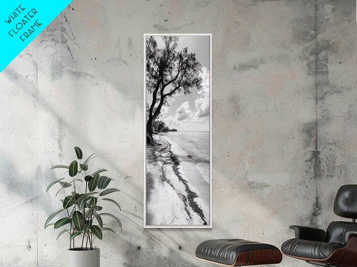 Serene Beach Tree, Calm Ocean Coast, Black White Shoreline, Framed Canvas Print, Coastal Entryway Decor, Minimal Nature Wall Art