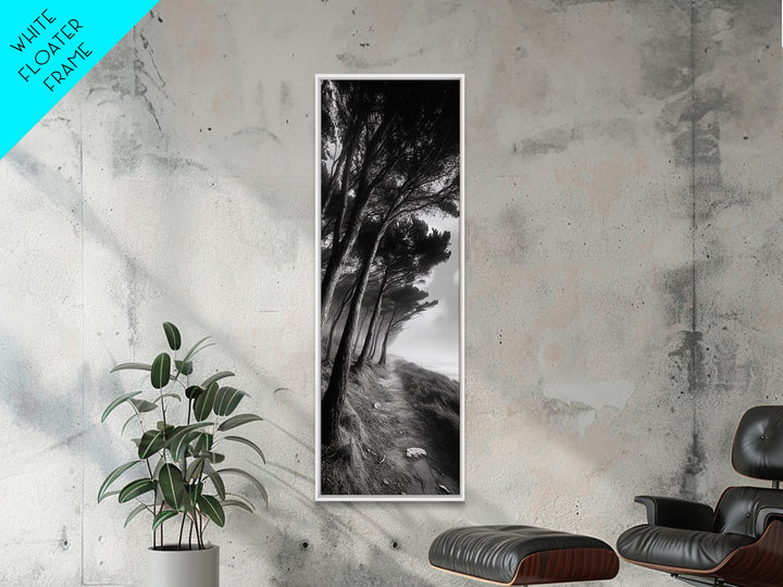 Windy Forest Trail, Dark Coastal Trees, Atmospheric Nature, Framed Canvas Print, Fall Living Room Wall Art, Moody Landscape Aesthetic