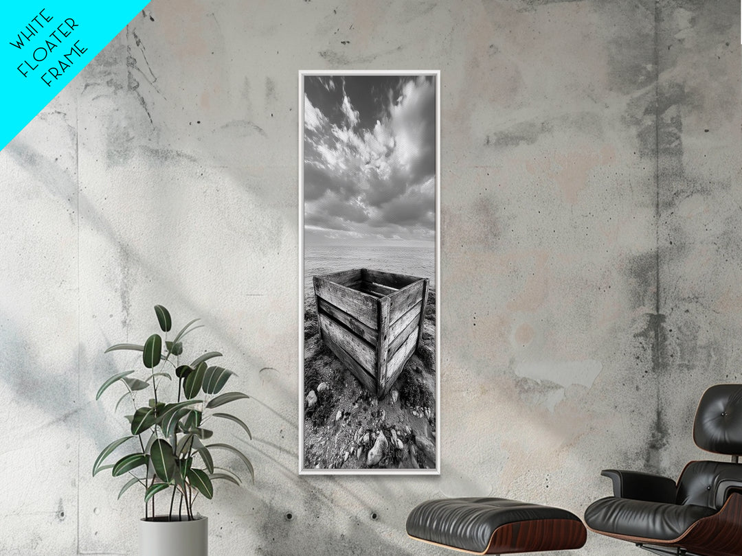 Rustic Crate, Ocean View, Weathered Wood, Coastal Still Life, Framed Canvas Print, Boho Bathroom Art, Nautical Living Room Decor