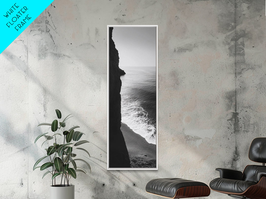 Cliffside Waves, Coastal Edge, Monochrome Serenity, Ocean Drama, Canvas Print, Moody Minimalist Art, Bathroom Art, Living Room Decor