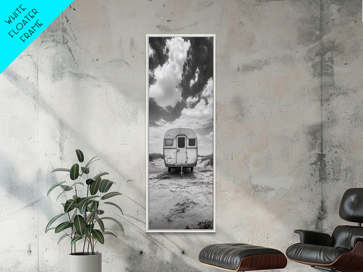 Vintage Camper, Cloudy Sky, Wanderlust Life, Desert Minimalism, Framed Canvas Print, Retro Travel Wall Art, Boho Bedroom Print, Office Art