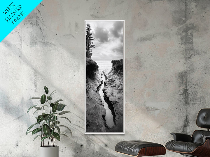Coastal Crevice, Ocean Stream, Moody Nature, Rugged Beauty, Framed Canvas Print, Minimalist Beach Wall Art, Bedroom Art, Entryway Decor