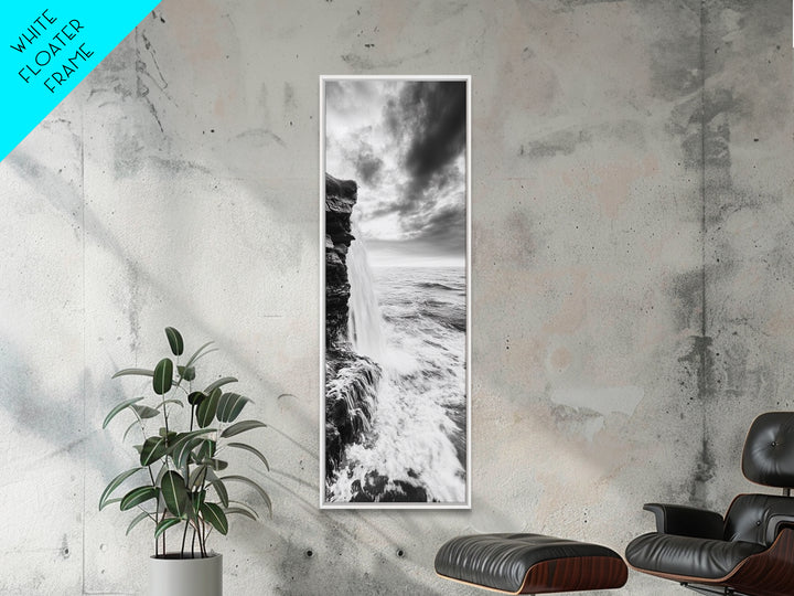 Ocean Waterfall, Coastal Nature, Monochrome Landscape, Framed Canvas Print, Minimalist Bathroom Wall Art, Black White Ocean Art