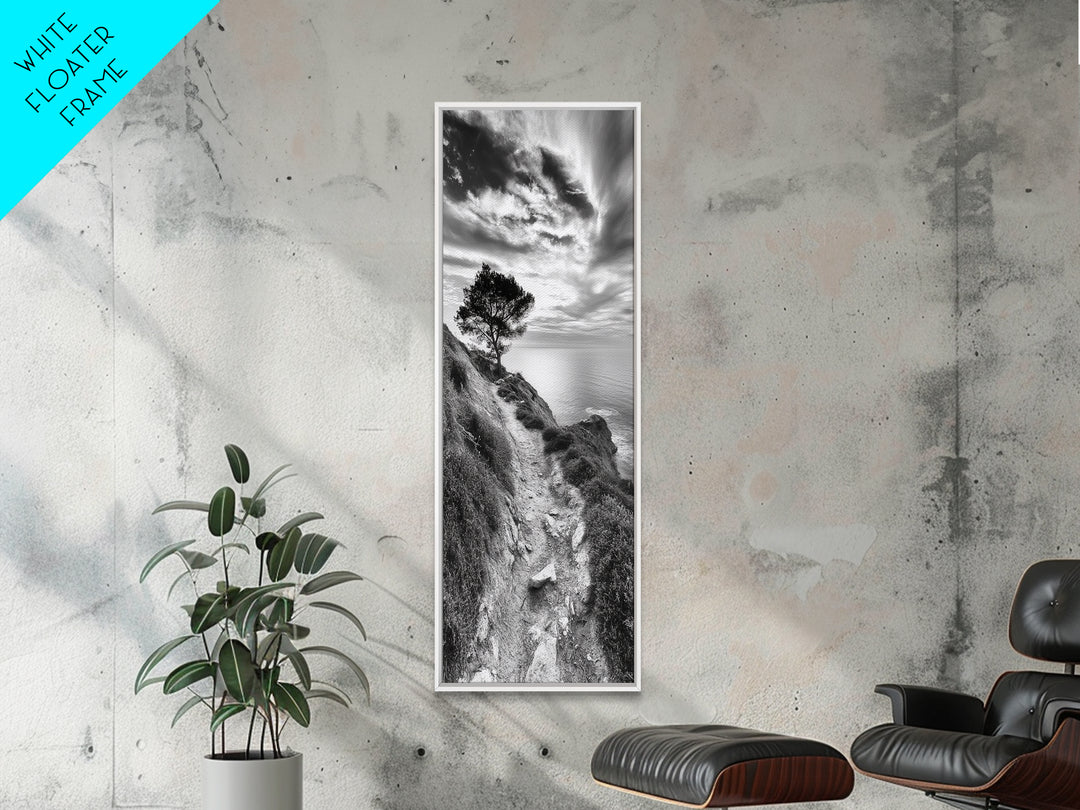 Cliffside Tree, Coastal Path, Nature Landscape, Canvas Print, Monochrome Hiking Trail Art, Boho Entryway or Office Wall Decor