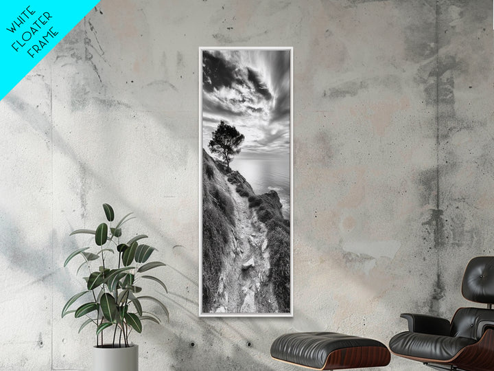Cliffside Tree, Coastal Path, Nature Landscape, Canvas Print, Monochrome Hiking Trail Art, Boho Entryway or Office Wall Decor