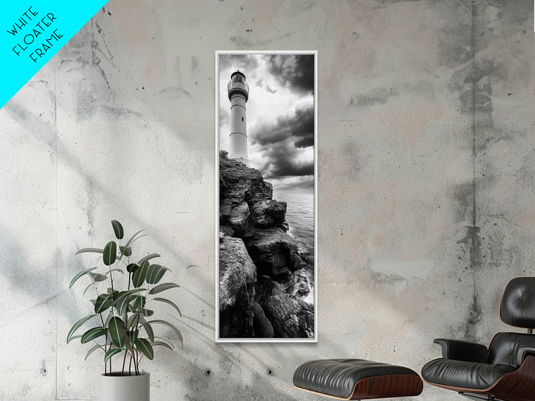 Lighthouse Coast, Stormy Sky, Black White Ocean, Framed Canvas Print, Nautical Wall Art, Rustic Beach House Living Room Decor