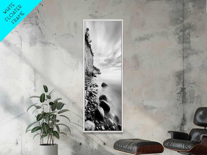 Rocky Shoreline, Coastal Calm, Seaside Mist, Canvas Print, Black White Minimalist Wall Art, Serene Bedroom or Bathroom Decor