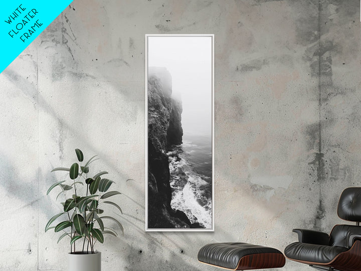 Foggy Cliffs, Moody Coast, Dramatic Seascape, Framed Canvas Print, Modern Dark Aesthetic Art, Minimalist Living Room Wall Decor