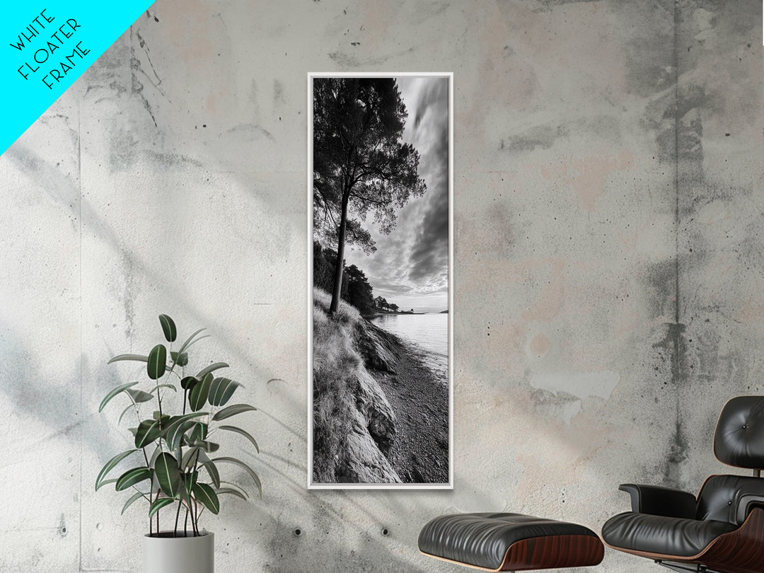 Coastal Tree, Ocean Horizon, Windswept Shore, Nature Calm, Moody Sky, Framed Canvas Print, Office Wall Art, Coastal Rustic Aesthetic