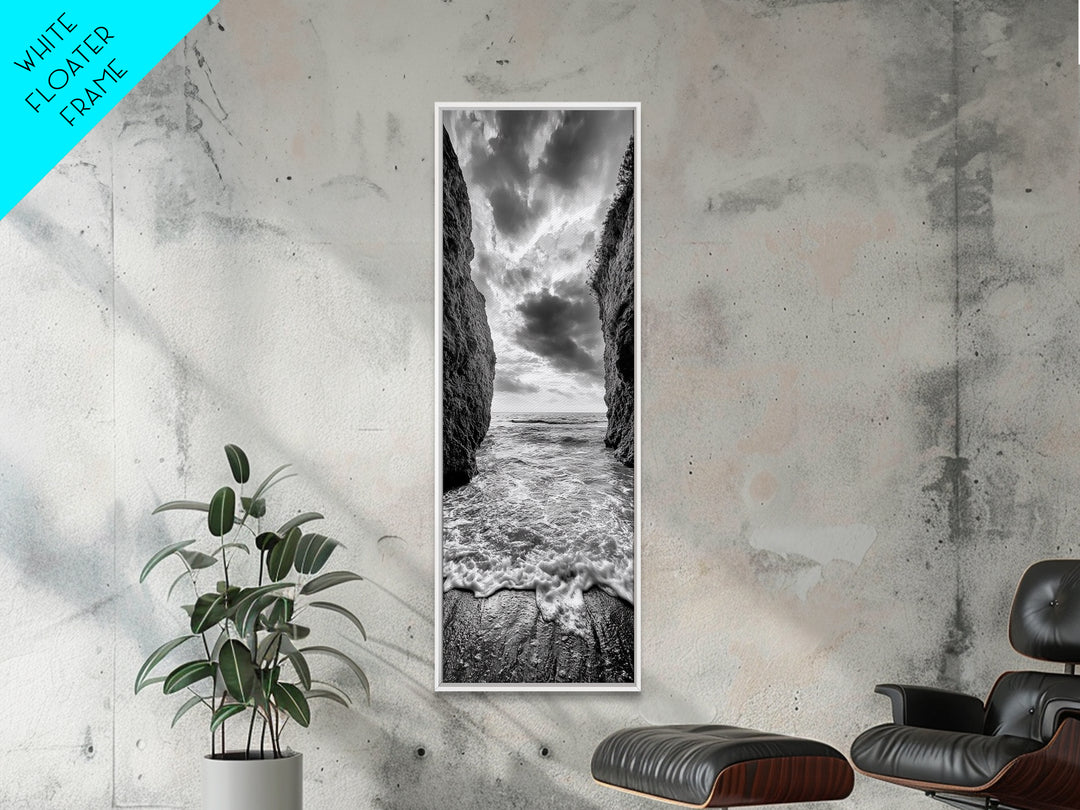 Ocean Gap, Cliffside Horizon, Black White Waves, Framed Canvas Print, Modern Coastal Wall Art, Nautical Living Room Decor,  Nature Decor