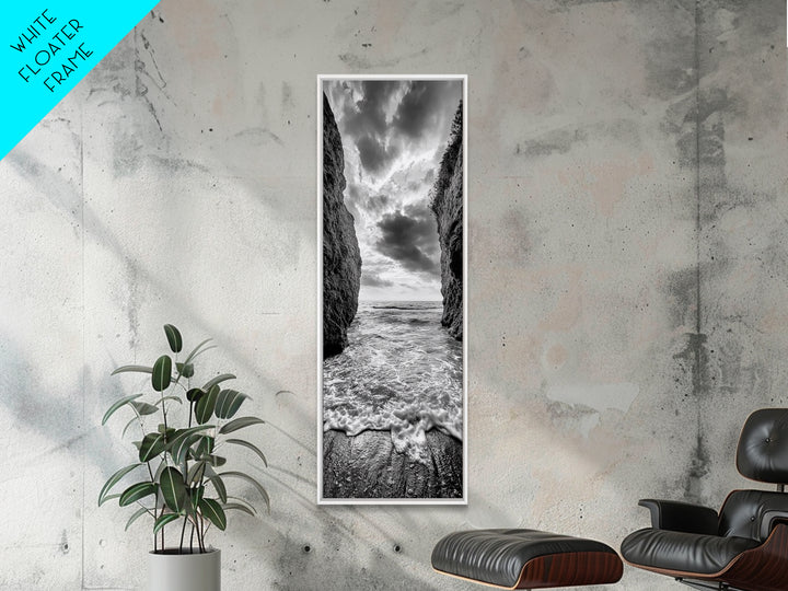 Ocean Gap, Cliffside Horizon, Black White Waves, Framed Canvas Print, Modern Coastal Wall Art, Nautical Living Room Decor,  Nature Decor