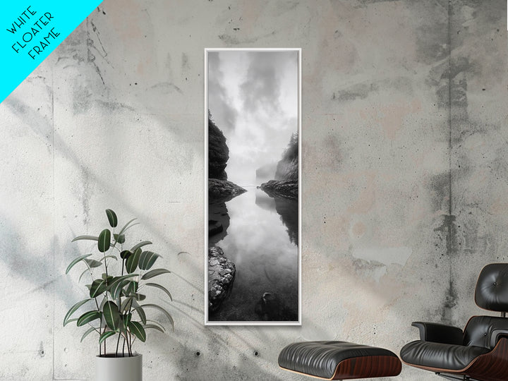 Misty Inlet, Rocky Shoreline, Tranquil Waters, Canvas Print, Moody Landscape Photography, Living Room Art, Nature Inspired Decor