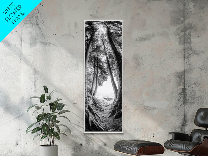 Forest Path, Ocean View, Tall Trees, Canvas Print, Black and White Nature Art, Entryway Wall Art, Rustic Woodland Aesthetic, Bedroom Wall Art