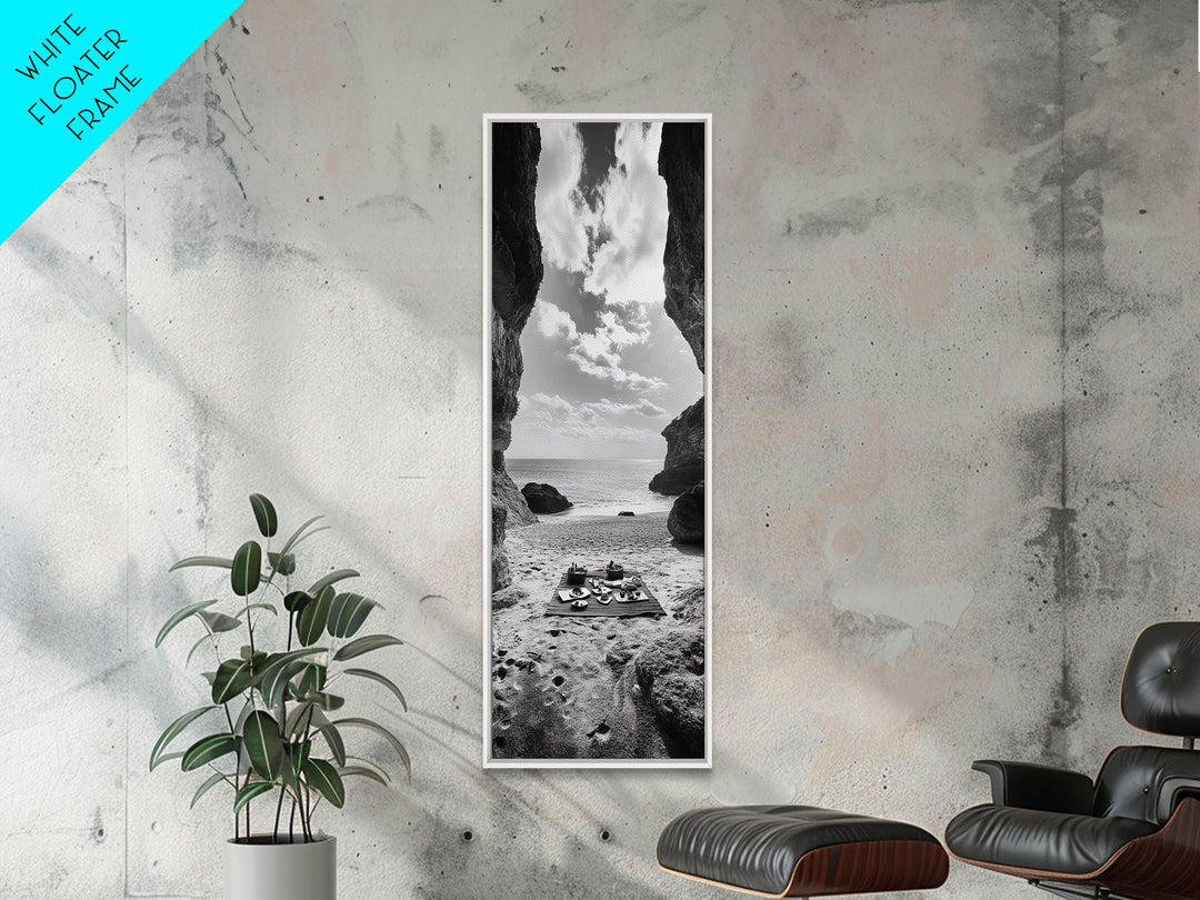 Beach Picnic, Seaside Cave, Ocean View, Framed Canvas Print, Minimalist Coastal Art, Dining Room Decor, Romantic Escape Vibes, Nautical Decor