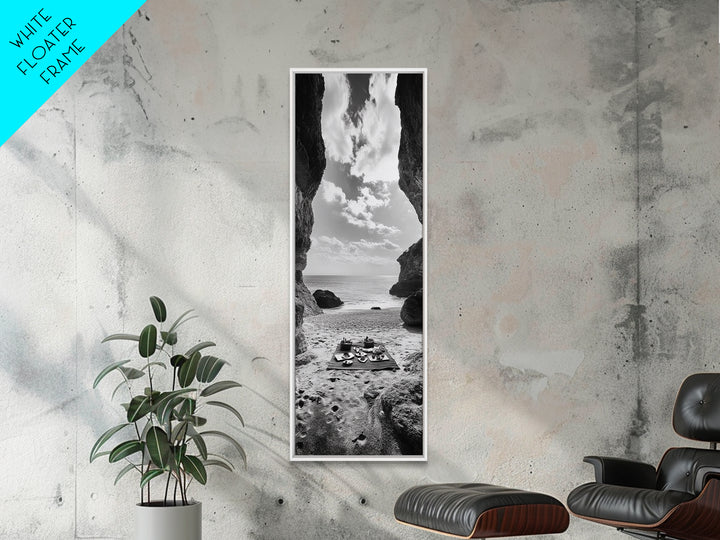Beach Picnic, Seaside Cave, Ocean View, Framed Canvas Print, Minimalist Coastal Art, Dining Room Decor, Romantic Escape Vibes, Nautical Decor