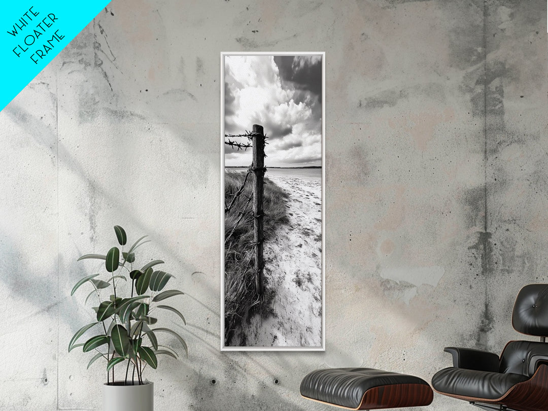 Barbed Fence, Sandy Dunes, Stormy Skies, Moody Coast, Natural Tension, Framed Canvas Print, Living Room Wall Art, Modern Western Decor