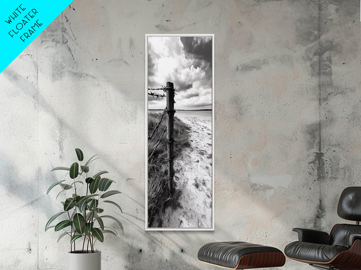 Barbed Fence, Sandy Dunes, Stormy Skies, Moody Coast, Natural Tension, Framed Canvas Print, Living Room Wall Art, Modern Western Decor