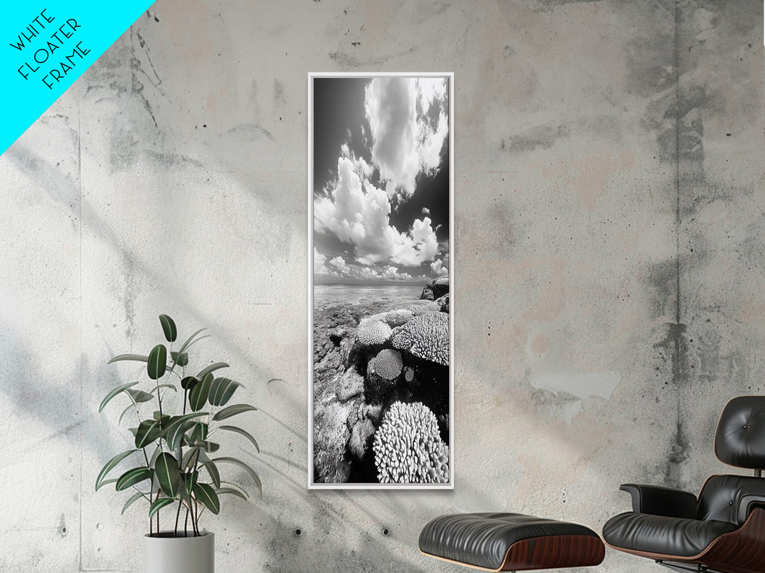 Coral Reef, Ocean Horizon, Puffy Clouds, Framed Canvas Print, Coastal Bathroom Art, Nautical Decor, Black and White Beach Style