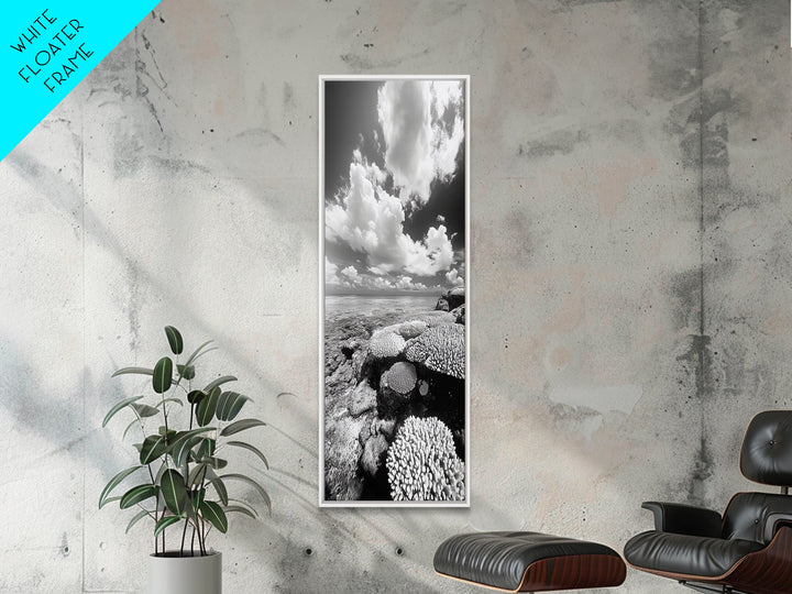 Coral Reef, Ocean Horizon, Puffy Clouds, Framed Canvas Print, Coastal Bathroom Art, Nautical Decor, Black and White Beach Style
