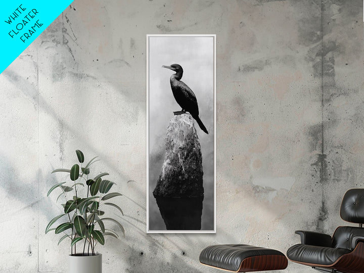 Cormorant Bird, Driftwood Perch, Moody Sky, Framed Canvas Print, Coastal Wildlife Wall Art, Nature Lover Gift, Rustic Room Decor
