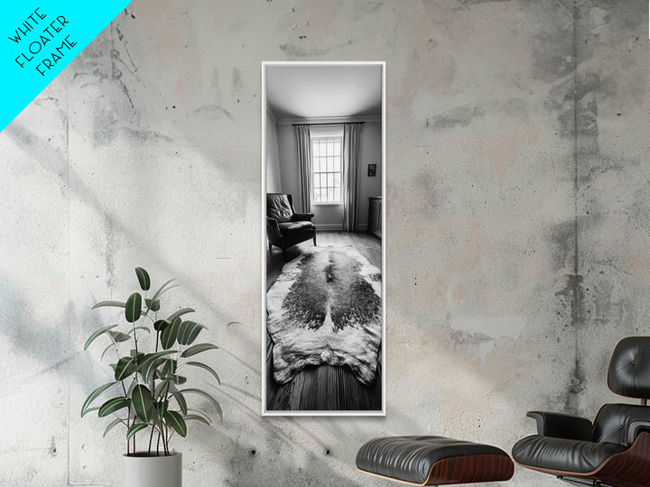 Leather Chair, Cozy Window, Cowhide Rug, Framed Canvas Print, Farmhouse Living Room Decor, Rustic Minimalist Art, Monochrome Interior