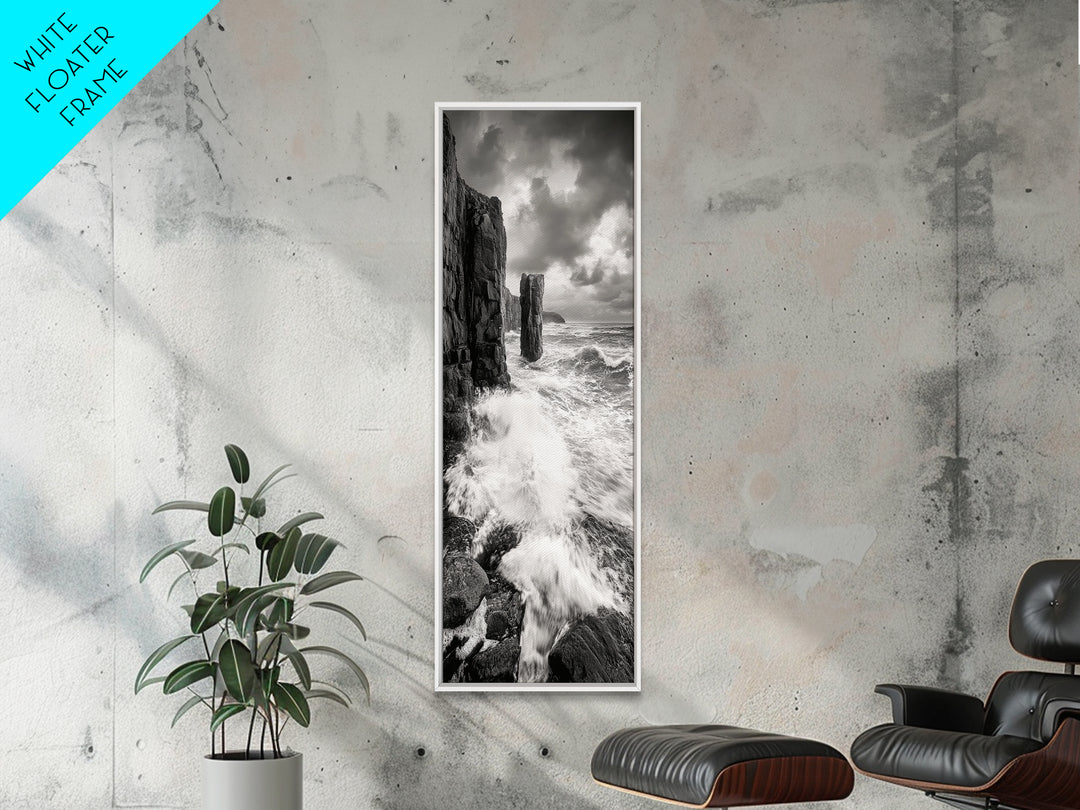 Crashing Surf, Tall Sea Stack, Rugged Coast, Framed Canvas Print, Moody Ocean Wall Art, Bathroom Decor, Black and White Seascape