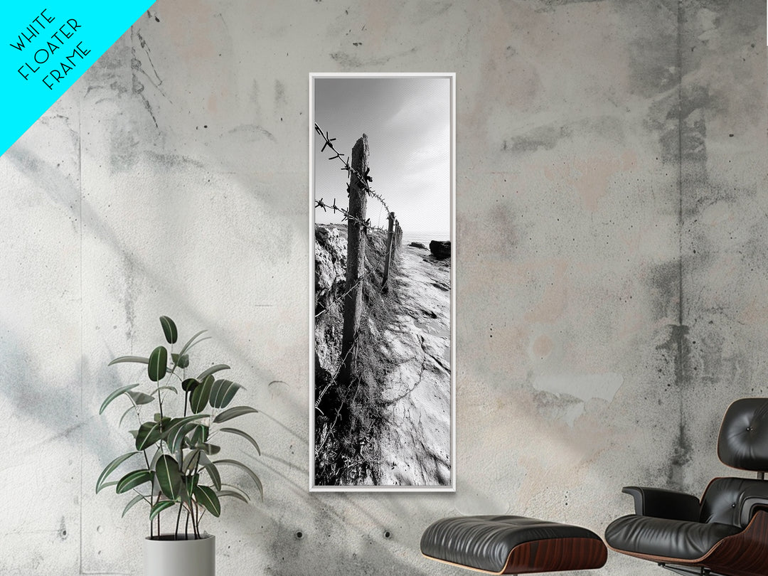 Rocky Shoreline, Barbed Wire, Coastal Minimalism, Rugged Texture, Natural Barrier, Framed Canvas Print, Hallway Wall Art, Industrial Rustic Style