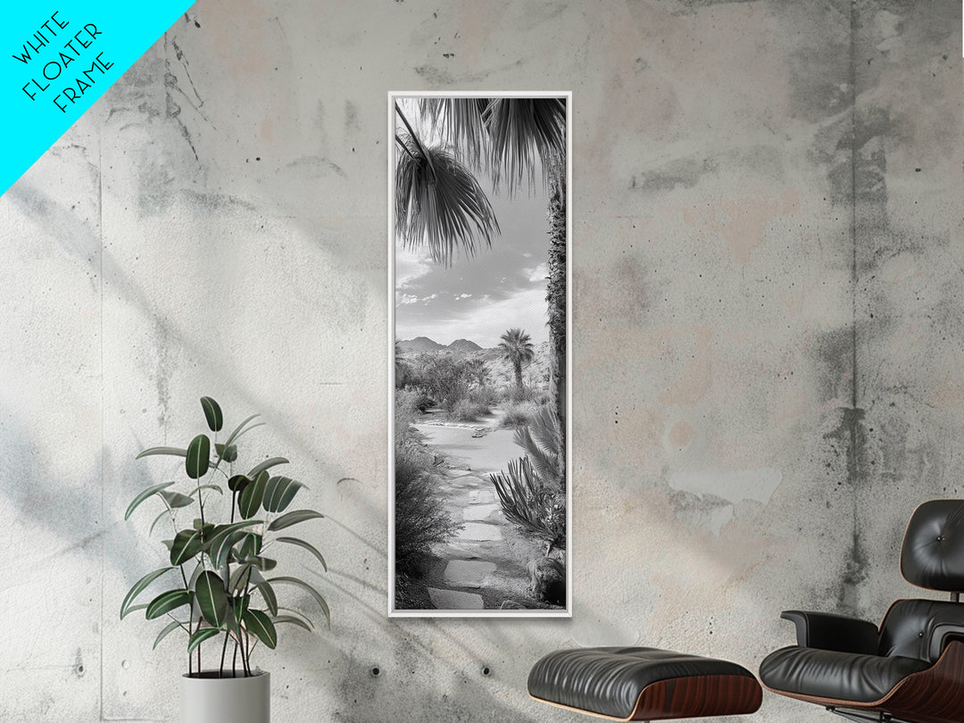 Desert Path, Palm Trees, Serene Escape, Tranquil Garden, Monochrome Landscape, Framed Canvas Print, Entryway Wall Art, Nature Minimal