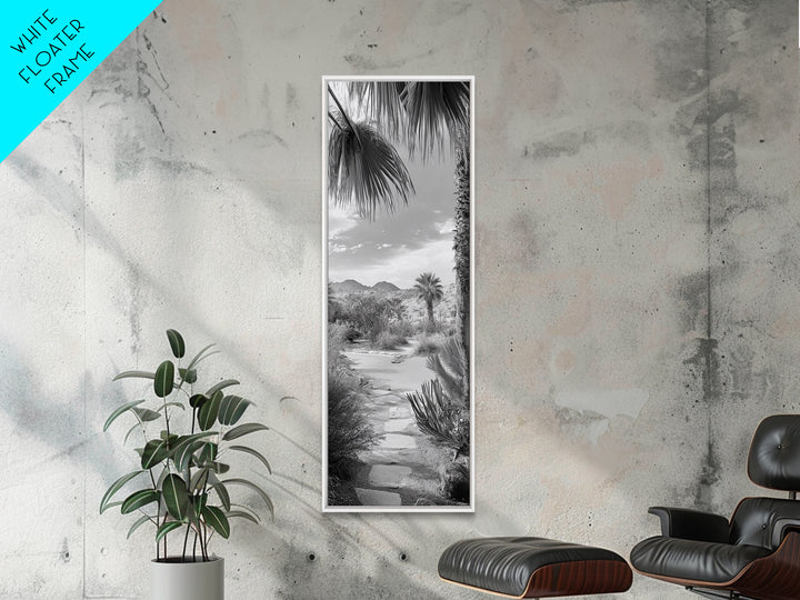 Desert Path, Palm Trees, Serene Escape, Tranquil Garden, Monochrome Landscape, Framed Canvas Print, Entryway Wall Art, Nature Minimal