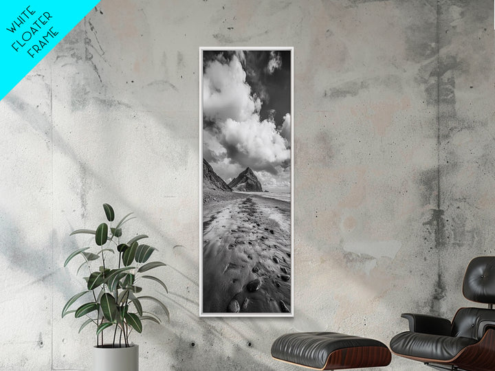 Mountain Beach Path, Cloudy Sky Landscape, Black and White Nature Scene, Framed Canvas Print, Entryway Fall Coastal Wall Decor