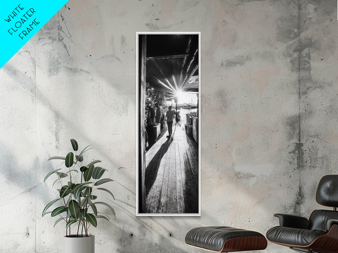 Dockside Market Light, Urban Waterfront Print, Golden Hour Street Scene, Canvas Print, Kitchen Wall Art, Moody City Photography