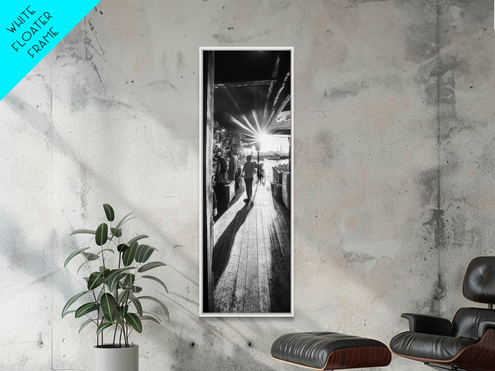 Dockside Market Light, Urban Waterfront Print, Golden Hour Street Scene, Canvas Print, Kitchen Wall Art, Moody City Photography