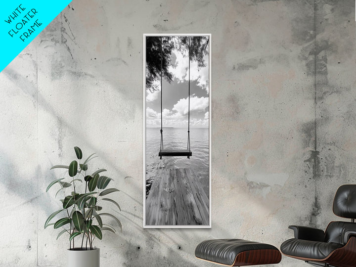 Lakeside Swing Stillness, Serene Water View Print, Peaceful Dock Photography, Canvas Print, Tranquil Bedroom or Office Wall Art